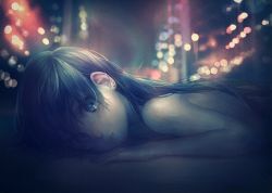 Rule 34 | 1girl, bad id, bad pixiv id, black hair, blurry, bokeh, city, city lights, dark, depth of field, earrings, jewelry, lens flare, long hair, looking at viewer, looking to the side, lying, namihaya, night, nude, on stomach, open mouth, original, solo, stud earrings, texture, upper body