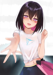 Rule 34 | 1girl, :d, absurdres, azki (hololive), black hair, blush, bob cut, colored inner hair, facial mark, highres, hololive, medium hair, midriff, multicolored hair, navel, open mouth, outstretched arm, pink eyes, pink hair, rifufu, shirt, smile, solo, sweat, tied shirt, two-tone hair, virtual youtuber