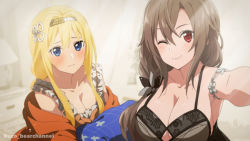 Rule 34 | 2girls, ;), aco (bearchannel), alice zuberg, arm strap, armpits, bare shoulders, black bra, blonde hair, blue eyes, blush, bra, braid, braided ponytail, breasts, brown hair, cleavage, cleavage cutout, closed mouth, clothing cutout, collarbone, commentary, day, eydis (sao), eyebrows hidden by hair, hair between eyes, hair intakes, hairband, highres, hugging object, indoors, jacket, large breasts, light rays, long hair, looking at viewer, loungewear, multiple girls, off shoulder, one eye closed, orange jacket, pillow, pillow hug, red eyes, ribbon, selfie, sidelocks, sitting, small breasts, smile, sunbeam, sunlight, sword art online, sword art online: alicization, sword art online: unleashed blading, twitter username, underwear, upper body, very long hair, white hairband