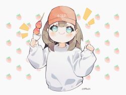 Rule 34 | 1girl, akechi (826988799), animification, baseball cap, blue eyes, blush, brown hair, character name, exy (wjsn), food, fruit, hair behind ear, hat, highres, holding, holding skewer, k-pop, long hair, looking at viewer, real life, red hat, skewer, sleeves past wrists, smile, solo, strawberry, sweater, twitter username, upper body, v-shaped eyebrows, white sweater, wjsn