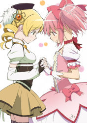 Rule 34 | 10s, 2girls, beret, blonde hair, detached sleeves, drill hair, face-to-face, fingerless gloves, gloves, hair ornament, hair ribbon, hat, holding hands, interlocked fingers, kaname madoka, magical girl, mahou shoujo madoka magica, mahou shoujo madoka magica (anime), multiple girls, official art, pink eyes, pink hair, ribbon, short twintails, skirt, smile, striped clothes, striped legwear, striped thighhighs, thighhighs, third-party edit, tomoe mami, twin drills, twintails, vertical-striped clothes, vertical-striped legwear, vertical-striped thighhighs, yellow eyes, zettai ryouiki
