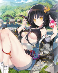 Rule 34 | 1girl, ankleband, artist request, bare shoulders, bikini, black bikini, black hair, bow, breasts, day, dengeki moeou, detached sleeves, food, frilled bikini, frills, giant, giantess, hair bow, hair ornament, hair over breasts, highres, long hair, looking at viewer, lying, medium breasts, navel, on back, outdoors, parted lips, partially submerged, sengoku bushouki muramasa, shaved ice, sidelocks, solo, sparkle, spoon, swimsuit, tabi, third-party edit, underboob, wet, wide sleeves, yellow eyes