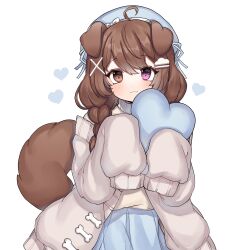 Rule 34 | 1girl, absurdres, animal ears, beret, blue headband, blue skirt, braid, brown eyes, brown hair, cardigan, dog ears, dog girl, dog tail, emi (vtuber), grey cardigan, hair ornament, hairclip, hat, headband, heterochromia, highres, indie virtual youtuber, long hair, looking at viewer, plushcharm, skirt, sleeves past wrists, smile, solo, stuffed toy, sweater, tail, twin braids, twintails, virtual youtuber, white background, white sweater