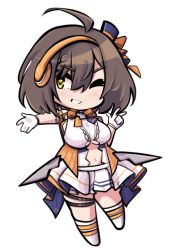 Rule 34 | 1girl, ahoge, arm strap, azur lane, baltimore (azur lane), baltimore (muse) (azur lane), boots, bow, braid, breasts, brown hair, center frills, center opening, chibi, clothing cutout, commentary request, french braid, frills, full body, gloves, grin, hair between eyes, hat, headset, idol, knee boots, large breasts, looking to the side, mini hat, navel, navel cutout, official alternate costume, one eye closed, orange bow, outstretched arm, pleated skirt, shirt, short hair, sidelocks, simple background, skirt, sleeveless, sleeveless shirt, smile, solo, standing, sugoidere, thigh strap, transparent background, underboob, v, white background, white footwear, white gloves, white shirt, white skirt, yellow eyes