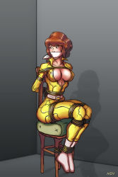 Rule 34 | 1girl, april o&#039;neil, bdsm, bondage, boots, bound, breasts, center opening, chair, cleavage, cleave gag, cloth gag, gag, gagged, improvised gag, jumpsuit, large breasts, red hair, rope, scared, short hair, solo, teenage mutant ninja turtles, toon (style), unzipped