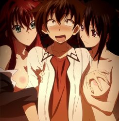 Rule 34 | 10s, 1boy, 2girls, black hair, blue eyes, blush, breasts, girl sandwich, grabbing, grabbing another&#039;s breast, high school dxd, highres, himejima akeno, hyoudou issei, large breasts, long hair, multiple girls, nipples, purple eyes, red hair, rias gremory, sandwiched, simple background, smile, standing, stitched, third-party edit