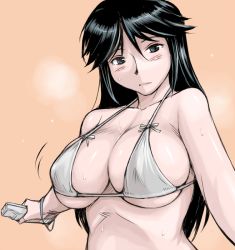 Rule 34 | 1girl, bikini, black hair, breasts, character request, controller, covered erect nipples, futaba channel, game console, game controller, grey eyes, large breasts, nijiura maids, playing games, product placement, reisei, solo, sweat, swimsuit, tsuda nanafushi, white bikini, wii, wii remote