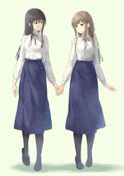 Rule 34 | 2girls, absurdres, black footwear, black pantyhose, black ribbon, blue eyes, blue skirt, brown hair, buttons, closed mouth, collared shirt, full body, green background, grey eyes, hair between eyes, high-waist skirt, highres, holding hands, light brown hair, loafers, long bangs, long skirt, long sleeves, looking at another, multiple girls, neck ribbon, nuenue, original, pantyhose, ribbon, school uniform, shadow, shirt, shirt tucked in, shoes, sidelocks, simple background, skirt, sleeve cuffs, smile, standing, swept bangs, white shirt, yuri