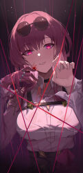 Rule 34 | 1girl, absurdres, blood, blood on face, chest harness, collared shirt, commentary, eyewear on head, glasses, gloves, hands up, harness, high-waist shorts, highres, honkai: star rail, honkai (series), jewelry, kafka (honkai: star rail), long hair, long sleeves, looking at viewer, multiple rings, parted lips, pince-nez, purple eyes, purple gloves, purple hair, rain, ring, round eyewear, shi classmate, shirt, shorts, single glove, solo, spider web print, thread, upper body, wet, wet clothes, wet shirt, white shirt
