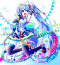 Rule 34 | absurdres, ahoge, arm behind head, armpits, blue eyes, blue hair, colorful, detached sleeves, fang, flag, frilled skirt, frills, full body, hands up, hatsune miku, highres, huge filesize, legs up, long hair, looking at viewer, necktie, ribbon, shirayuki towa, shirt, skirt, sleeveless, sleeveless shirt, smile, solo, sparkle, symbol in eye, thighhighs, twintails, very long hair, vocaloid, zettai ryouiki