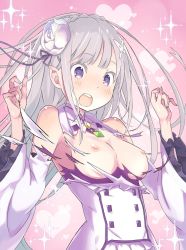 Rule 34 | 10s, 1girl, artist request, bare shoulders, blush, breasts, breasts out, brooch, butterfly hair ornament, detached sleeves, emilia (re:zero), flower, hair flower, hair ornament, jewelry, long hair, nipples, open mouth, pointy ears, purple eyes, re:zero kara hajimeru isekai seikatsu, silver hair, solo, sparkle, third-party edit, torn clothes, upper body, wide sleeves