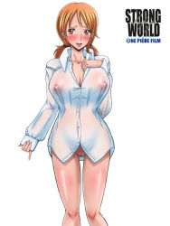 Rule 34 | blush, bottomless, breasts, censored, cleavage, large breasts, mikanberry, nami (one piece), nipples, no bra, one piece, pussy, see-through, shirt, smile