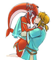 Rule 34 | 1boy, 1girl, blonde hair, blue tunic, carrying, carrying person, champion&#039;s tunic (zelda), closed eyes, colored skin, commentary, couple, english commentary, facing another, fins, fish girl, fish tail, hetero, huzongyu, hyrule warriors: age of calamity, jewelry, link, mipha, nintendo, pointy ears, ponytail, red skin, sidelocks, simple background, tail, the legend of zelda, the legend of zelda: breath of the wild, white background, zora
