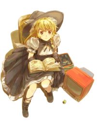 Rule 34 | 1girl, alternate costume, black gloves, blonde hair, book, boots, braid, colored pencil (medium), female focus, from above, gloves, grimoire of marisa, hat, kirisame marisa, long hair, looking up, mixed media, mothman, nakajimayou, see-through, side braid, solo, staring, surprised, television, touhou, traditional media, wide-eyed, witch, witch hat, yellow eyes