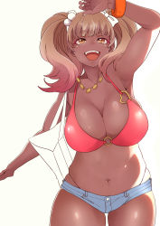 Rule 34 | 1girl, :d, arm up, armpits, bag, bare shoulders, bikini, bikini top only, bow, bracelet, breasts, brown hair, butakun, cleavage, collarbone, colored tips, cowboy shot, dark-skinned female, dark skin, denim, denim shorts, hair bow, highleg, highleg panties, highres, jewelry, large breasts, looking at viewer, micro shorts, multicolored hair, navel, necklace, open mouth, original, panties, red bikini, shorts, shoulder bag, simple background, skindentation, smile, solo, swimsuit, thighs, twintails, underwear, unfinished