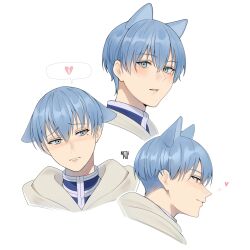 1boy absurdres animal_ears aqua_eyes blue_hair blush cat_ears closed_mouth hair_between_eyes heart highres himmel_(sousou_no_frieren) hood kemonomimi_mode male_focus multiple_views netapai1 open_mouth short_hair simple_background smile sousou_no_frieren spoken_heart white_background