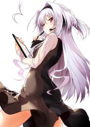 Rule 34 | 1girl, ahoge, bad id, bad twitter id, blush, brown dress, clipboard, commentary request, copyright request, cowboy shot, dress, from behind, hair intakes, headphones, holding, legs apart, long hair, looking at viewer, looking back, microphone, miruto netsuki, pen, red eyes, silver hair, simple background, solo, standing, two side up, virtual youtuber, white background