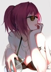 Rule 34 | 1girl, alternate hairstyle, bad id, bad pixiv id, bare shoulders, bikini, breasts, brown-tinted eyewear, cleavage, cup, disposable cup, drinking straw, fate/grand order, fate (series), hand on own chin, jewelry, large breasts, looking to the side, lying, necklace, on stomach, ponytail, purple hair, red eyes, reroi, scathach (fate), simple background, solo, sunglasses, swimsuit, tinted eyewear, white background