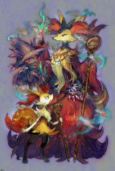 Rule 34 | animal ears, blue background, book, braixen, colored sclera, creatures (company), crystal, delphox, fire, floating, fox ears, fox tail, full body, furry, game freak, gen 4 pokemon, gen 6 pokemon, ghost, half-closed eyes, hand up, hands up, jewelry, kantarou (8kan), looking down, magic, mismagius, necklace, nintendo, open mouth, pokemon, pokemon (creature), pokemon dppt, pokemon xy, red eyes, ring, simple background, staff, standing, tail, yellow sclera