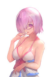Rule 34 | 1girl, bare arms, bare shoulders, breasts, cleavage, collarbone, dress, fate/grand order, fate (series), glasses, hair over one eye, hand up, holding, kawahara ryuuta, large breasts, looking at viewer, mash kyrielight, mash kyrielight (swimsuit of perpetual summer), mouth hold, official alternate costume, one eye covered, open mouth, purple-framed eyewear, purple eyes, purple hair, short hair, simple background, sleeveless, sleeveless dress, solo, spaghetti strap, white background, white dress