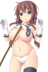 Rule 34 | 10s, 1girl, :o, blush, braid, breasts, brown hair, censored, convenient censoring, gloves, green eyes, highres, kantai collection, large breasts, long hair, looking at viewer, mizunashi kenichi, noshiro (kancolle), panties, simple background, solo, twin braids, underwear, white background, white gloves, white panties