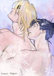 Rule 34 | 2boys, adam&#039;s apple, artist name, bare back, bare shoulders, biting another&#039;s hair, blonde hair, blue hair, closed eyes, couple, dark blue hair, dimitri alexandre blaiddyd, eyepatch, felix hugo fraldarius, fire emblem, fire emblem: three houses, highres, male focus, multiple boys, multiple scars, nintendo, one eye covered, open mouth, scar, sevenney, signature, simple background, snowflakes, toned, toned male, yaoi