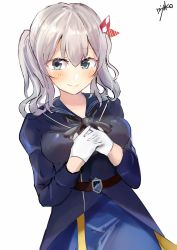Rule 34 | 1girl, bad id, bad twitter id, belt, black neckwear, blue eyes, blue sailor collar, blue skirt, cosplay, dutch angle, gloves, gotland (kancolle), gotland (kancolle) (cosplay), hair ribbon, half gloves, highres, kantai collection, kashima (kancolle), long sleeves, looking at viewer, military, military uniform, miyako (rgrayt), ribbon, sailor collar, signature, silver hair, simple background, skirt, smile, solo, twintails, uniform, wavy hair, white background, white gloves