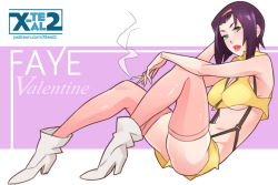 Rule 34 | 1girl, ankle boots, artist name, boots, breasts, character name, cigarette, cleavage, cowboy bebop, faye valentine, green eyes, hairband, navel, parted lips, purple hair, reclining, short hair, short shorts, shorts, sitting, smoke, smoking, solo, stomach, suspenders, underboob, watermark, web address, white footwear, x-t3al