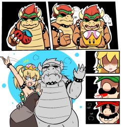 Rule 34 | 2girls, 3boys, 4koma, alternate color, arm around waist, armlet, artist request, black dress, blonde hair, blouse, blue eyes, blush, borrowed character, bowser, bowsette, bracelet, breasts, cherry, choker, clone, collar, comic, crown, double cherry, dress, dual persona, english text, facial hair, fang, flat color, food, forked eyebrows, fruit, genderswap, genderswap (mtf), gloves, hat, heavy breathing, highres, holding, holding crown, horns, jewelry, luigi, mario, mario (series), mini crown, multiple boys, multiple girls, mustache, new super mario bros. u deluxe, nintendo, ponytail, princess peach, red shirt, selfcest, shaded face, shirt, silent comic, smile, spiked armlet, spiked bracelet, spiked collar, spiked shell, spikes, spitting, spitting blood, super crown, super mario 3d world, super mario odyssey, sweatdrop, thick eyebrows, thumbs up, transformation, turn pale, v-shaped eyebrows, waving