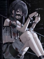 Rule 34 | 1girl, bandaged arm, bandaged leg, bandages, bare shoulders, bike shorts, black hair, black shorts, blood, bloody bandages, blue eyes, commentary request, cuffs, feet out of frame, hair between eyes, handcuffs, highres, knees up, looking at viewer, muzzle, original, ruda (ruda e), short shorts, shorts, sidelocks, sitting, skirt, solo, white skirt