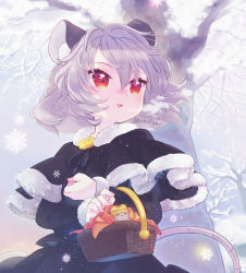 Rule 34 | 1girl, :d, alternate costume, animal ear fluff, animal ears, basket, biyon, black capelet, black skirt, blanket, blush, branch, breath, capelet, cheese, commentary request, eyelashes, food, fur trim, holding, holding basket, long sleeves, looking to the side, mouse (animal), mouse ears, mouse girl, mouse tail, nazrin, open mouth, outdoors, red eyes, short hair, silver hair, skirt, smile, snowflakes, snowing, solo, standing, tail, touhou, tree, twitter username, winter, winter clothes, yellow headwear
