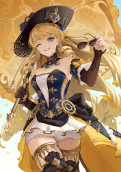 Rule 34 | 1girl, bare shoulders, black gloves, black hat, blonde hair, blue eyes, blue gemstone, breasts, detached sleeves, dress, drill hair, drill sidelocks, flower, gem, genshin impact, gloves, gold trim bow, hat, hat flower, highres, holding, holding umbrella, jewelry, lace-trimmed collar, lace trim, long hair, looking at viewer, medium breasts, mimisuke37, navia (genshin impact), rose, sidelocks, smile, solo, strapless, strapless dress, thighhighs, thighs, umbrella, very long hair, yellow flower, yellow rose