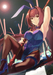 Rule 34 | 1girl, age nasuo, animal ears, ass, bow, bowtie, breasts, brown hair, detached collar, fake animal ears, fake tail, fate/grand order, fate (series), gae bolg (fate), highres, holding, holding polearm, holding spear, holding weapon, large breasts, leotard, long hair, night, official alternate costume, outdoors, pantyhose, playboy bunny, polearm, rabbit ears, rabbit tail, red eyes, scathach (fate), scathach (piercing bunny) (fate), sitting, solo, spear, tail, weapon