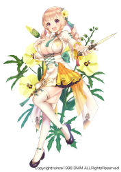 Rule 34 | 1girl, :d, back bow, black footwear, blonde hair, blunt bangs, bow, breasts, cleavage, company name, corset, dagger, drill hair, flower, flower knight girl, full body, green bow, hair flower, hair ornament, hanaokura (flower knight girl), holding, holding dagger, holding knife, holding weapon, knife, large breasts, left-handed, long hair, looking at viewer, name connection, object namesake, official art, open mouth, pico (p i c o), pink eyes, shoes, simple background, skirt, smile, solo, standing, standing on one leg, tassel, thighhighs, twin drills, weapon, white background, white thighhighs, yellow skirt, zettai ryouiki