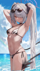 Rule 34 | 1girl, absurdres, armpits, arms behind head, arms up, bare arms, bare legs, bare shoulders, bikini, black bikini, black tail, blue archive, blue sky, blush, breasts, closed mouth, cloud, cloudy sky, cowboy shot, day, eyewear on head, grey hair, hair over one eye, halo, highres, iori (blue archive), iori (swimsuit) (blue archive), long hair, looking at viewer, navel, ocean, official alternate costume, outdoors, pointy ears, red eyes, sky, small breasts, solo, standing, stomach, string bikini, sunglasses, swimsuit, toi1et paper, twintails, very long hair, wading, water, wet