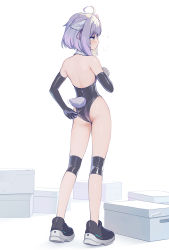 Rule 34 | 1girl, ahoge, animal ears, asicah, ass, backless leotard, black footwear, black gloves, black leotard, box, cardboard box, clothing cutout, collar, detached collar, elbow gloves, from behind, full body, gloves, hair ribbon, highres, knee pads, leotard, leotard tug, motion lines, original, purple eyes, purple hair, purple ribbon, ribbon, shoes, short hair, solo, tail, tail through clothes, thighs, white background, white collar
