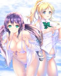 Rule 34 | 10s, 2girls, aqua eyes, ayase eli, bad id, bad pixiv id, bent over, bikini, bikini under clothes, blonde hair, blue eyes, blurry, blush, bokeh, bow, bowtie, breasts, buttons, cleavage, closed mouth, collarbone, collared shirt, cowboy shot, day, depth of field, dress shirt, front-tie bikini top, front-tie top, gluteal fold, hair ornament, hair scrunchie, large breasts, leaning forward, long hair, looking at viewer, love live!, love live! school idol project, low twintails, multiple girls, navel, no pants, open clothes, open shirt, parted lips, ponytail, ponytail korosuke, purple bikini, purple hair, revision, school uniform, scrunchie, shirt, side-tie bikini bottom, sky, smile, sparkle, standing, stomach, striped bikini, striped bow, striped bowtie, striped clothes, striped neckwear, swept bangs, swimsuit, swimsuit under clothes, thigh gap, tojo nozomi, twintails, unbuttoned, undressing, water drop, white shirt