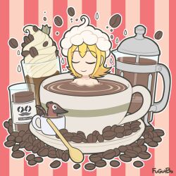 Rule 34 | 1girl, animal, artist name, blonde hair, breasts, closed eyes, coffee beans, coffee press, cup, fuguiibo, glass, highres, kagamine rin, nude, partially submerged, signature, small breasts, smile, spoon, striped background, teacup, vocaloid, whipped cream