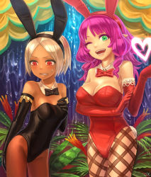 Rule 34 | 2girls, ;d, animal ears, bad id, bad nijie id, black bow, black bowtie, black gloves, black leotard, bob cut, bow, bowtie, breasts, brown legwear, cleavage, clenched teeth, curtains, dark-skinned female, dark skin, detached collar, elbow gloves, embarrassed, fake animal ears, gloves, green eyes, hairband, hand on own chest, hand on own thigh, heart, large breasts, leotard, long hair, looking at viewer, looking down, mitora (baallore), multiple girls, one eye closed, open mouth, original, ox (baallore), pantyhose, pink hair, plant, playboy bunny, pointy ears, rabbit ears, rabbit tail, ramina (baallore), red bow, red bowtie, red eyes, red gloves, red leotard, short hair, signature, small breasts, smile, strapless, strapless leotard, sweatdrop, tail, teeth, white hair, wink