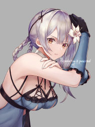 Rule 34 | 1girl, bare shoulders, black gloves, blue shirt, blunt bangs, braid, breasts, brown eyes, cleavage, flower, gloves, grey background, grey hair, hair between eyes, hair flower, hair ornament, hand on own arm, hand on own head, kaine (nier), large breasts, leaning forward, lingerie, long hair, looking at viewer, nail polish, negligee, nier, nier (series), parted lips, sasanomesi, shirt, solo, underwear, upper body, white flower, white nails