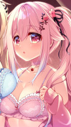 Rule 34 | 2girls, :o, aqua bra, blonde hair, blue hair, blush, bra, breast rest, breasts, cardigan, choker, cleavage, close-up, collarbone, commentary request, curtains, flower, frilled bra, frills, gradient hair, hair between eyes, hair flaps, hair flower, hair ornament, hair ribbon, harusame (kancolle), heart-shaped lock, highres, jewelry, kantai collection, large breasts, light particles, long hair, long sleeves, looking at viewer, medium breasts, multicolored hair, multiple girls, murasame (kancolle), necklace, open cardigan, open clothes, open mouth, pink bra, pink choker, pink hair, pink neckwear, ribbon, ringo sui, side ponytail, sidelocks, underwear, very long hair