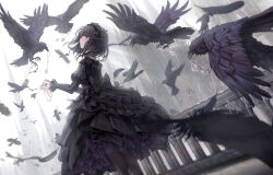 Rule 34 | 1girl, animal, bird, black dress, black feathers, black hair, cathedral, crow, dress, feathers, from side, gothic lolita, highres, holding, holding jewelry, jewelry, layered sleeves, lolita fashion, long sleeves, missile228, mouth hold, original, pendant, profile, red eyes, short over long sleeves, short sleeves, shorts, solo, standing, white background