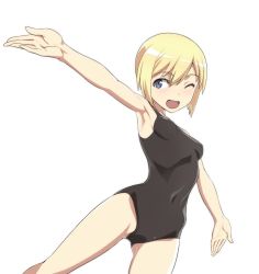 Rule 34 | 1girl, ;d, armpits, black one-piece swimsuit, blonde hair, blue eyes, breasts, commentary, covered navel, dutch angle, erica hartmann, looking at viewer, nanashino, one-piece swimsuit, one eye closed, open mouth, outstretched arms, short hair, simple background, small breasts, smile, solo, spread arms, standing, strike witches, swimsuit, white background, world witches series