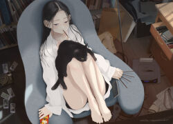 Rule 34 | 1girl, barefoot, black cat, black hair, black shorts, bookshelf, camera, cat, chair, desk, food, food in mouth, game console, grey eyes, highres, indoors, junito715, long hair, original, photo (object), pocky, pocky in mouth, sega saturn, shirt, short shorts, shorts, sitting, solo, toes, white shirt
