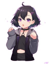 Rule 34 | 1other, :o, ahoge, androgynous, black collar, black hair, black jacket, black shirt, collar, collarbone, commentary request, cropped torso, ear piercing, earrings, hair between eyes, hair ornament, hairclip, hands up, highres, indie virtual youtuber, jacket, jewelry, long sleeves, looking at viewer, male focus, o-ring, o-ring top, ooedo yuu, open clothes, open jacket, outline, paw pose, piercing, purple eyes, purple outline, sakura chiyo (konachi000), shirt, signature, simple background, sleeves past wrists, solo, sparkle, stud earrings, teeth, trap, upper body, upper teeth only, virtual youtuber, white background