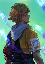 Rule 34 | 1boy, blonde hair, blue eyes, cropped jacket, earrings, final fantasy, final fantasy x, from behind, green background, hungry clicker, jacket, jewelry, male focus, parted lips, profile, short hair, short sleeves, smile, solo, square enix, tidus, yellow jacket