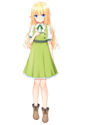Rule 34 | 1girl, akatsuki usagi, blonde hair, blue eyes, boots, brown footwear, dress, elf, eyebrows, female focus, full body, green dress, hand on own chest, highres, long hair, looking at viewer, original, pointy ears, shirt, short sleeves, simple background, smile, solo, white background, white shirt