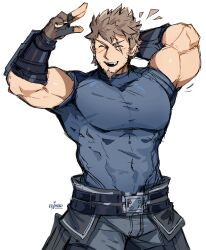 Rule 34 | 1boy, ^ ^, absurdres, aged up, bara, biceps, blue shirt, bracer, closed eyes, covered navel, cowboy shot, facial hair, fingerless gloves, gloves, graysheartart, highres, large pectorals, light brown hair, male focus, mature male, muscular, muscular male, pectorals, rex (xenoblade), salute, scar, scar across eye, shirt, short hair, solo, spiked hair, stubble, tight clothes, tight shirt, unfinished, white background, xenoblade chronicles (series)