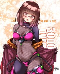 Rule 34 | 1girl, asymmetrical legwear, bikini, bikini over clothes, black thighhighs, blush, bodystocking, breasts, brown eyes, brown hair, coat, glasses, highres, hirowa nagi, looking at viewer, medium breasts, mismatched legwear, navel, off shoulder, open clothes, open coat, open mouth, original, pink bikini, pink thighhighs, red coat, short hair, smile, solo, sweat, swimsuit, thighhighs, thighs