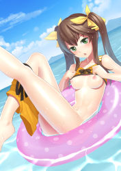 Rule 34 | 10s, 1girl, bare shoulders, barefoot, bikini, bikini shorts, bikini top lift, blush, breasts, brown hair, clothes lift, cloud, day, green eyes, hair ribbon, highres, huang lingyin, infinite stratos, innertube, knees, leg up, legs, long hair, long legs, looking at viewer, mikage sekizai, navel, nipples, no panties, outdoors, parted lips, partially submerged, puffy nipples, pussy, ribbon, shorts, shorts around one leg, sky, sleeveless, small breasts, solo, sweat, swim ring, swimsuit, thighs, twintails, uncensored, water, wet